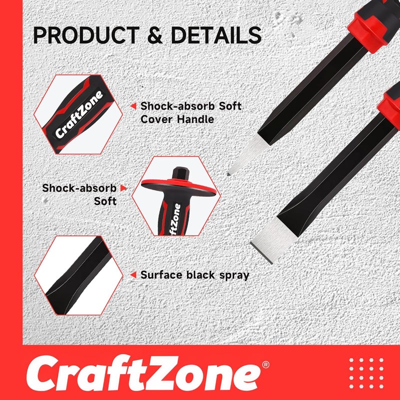CRAFTZONE Masonry Chisel Set - 2-Piece Heavy Duty Pointed & Flat Rock Chisels, Concrete Stone Chisel with Hand Protection for Brick Breaking Carving Splitting Cutting Mason Tools - Image 3